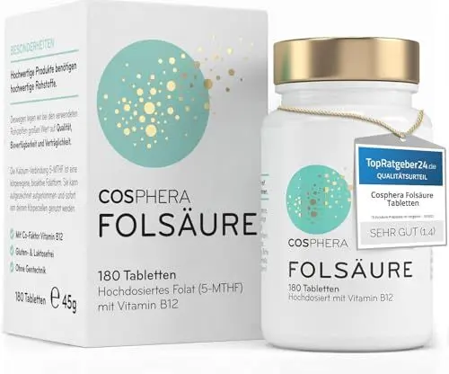 Produktbild: Folsäure Tabletten - Hochdosiert mit 800 μg Folat und 25 μg Vitamin B12 pro Tablette - 180 vegane Tabletten im 6-Monatsvorrat - Mit 5-MTHF, dem best verwertbaren Vitamin B9