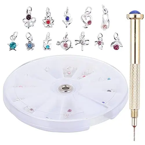 Produktbild: FOMIYES 24 x Nagelschmuck-Ringe, baumelnder Nagelkunst-Anhänger mit 1 x Nagel-Piercing-Werkzeug, Handbohrer, Nagelkunst-Werkzeuge für Spitzen, Acryl, Gele und Dekorationen