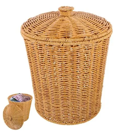 Produktbild: FOMIYES Gewebter Korb mit Deckel, Rattan-Mülleimer, kleiner Müllbehälter, Abfalleimer, Wäschekorb, Pflanzkorb, Recycling-Mülleimer, für Zuhause, Badezimmer, Küche, Garten