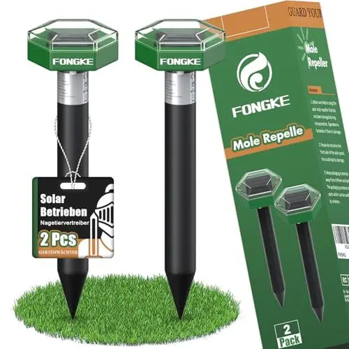 Produktbild: FONGKE Maulwurf Vertreiber Wühlmausschrec, 2er Pack Wühlmaus Schussfalle, Solar Ultraschall Mäuse Vertreiben mit Extremen Wirkradius, Maulwurfschreck Verjagen von Wühlmäuse & Maulwurf