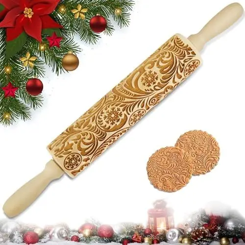 Produktbild: Fonyiunce Weihnachten Nudelholz mit muster Nudelholz aus Holz Nudelholz mit 3D-Prägung Geschenkidee für Gebäck Kuchen Kekse Fondants Gebäck Kekse