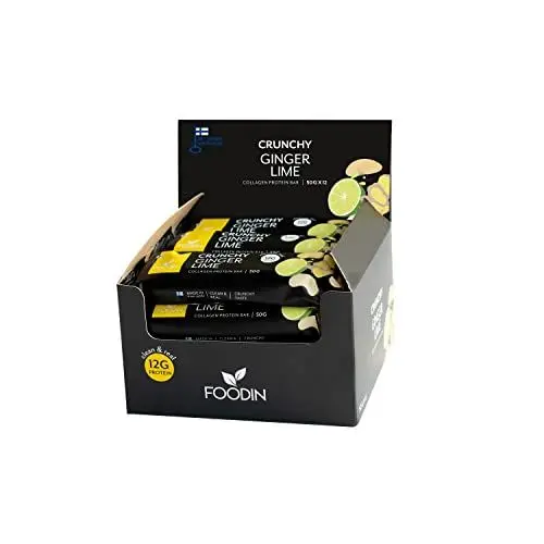 Produktbild: FOODIN Protein Riegel mit Kollagen, Ingwer Limette Proteinriegel, zuckerfreie Süßigkeiten, 12 Gramm Protein & 6,5 Gramm Kollagen, gesunder Snack glutenfrei - Ingwer Limette (12 x 50g)