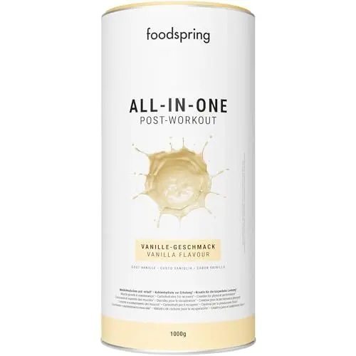 Produktbild: foodspring All-in-One Post-Workout Shake für Muskelwachstum & -erhalt – 20g Kohlenhydrate pro Portion zur Regeneration nach intensivem Training – hoher Proteingehalt & wenig Zucker (1000g | Vanille)