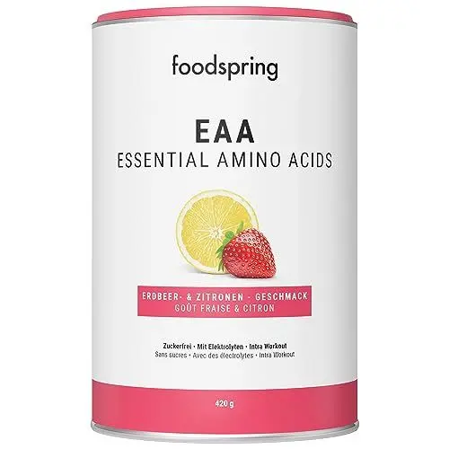 Produktbild: foodspring EAA Powder – EAA Pulver enthält alle essentiellen Aminosäuren – zuckerfrei (420g | 30 Portionen | 1 Messlöffel = 14g | Erdbeere & Zitrone)