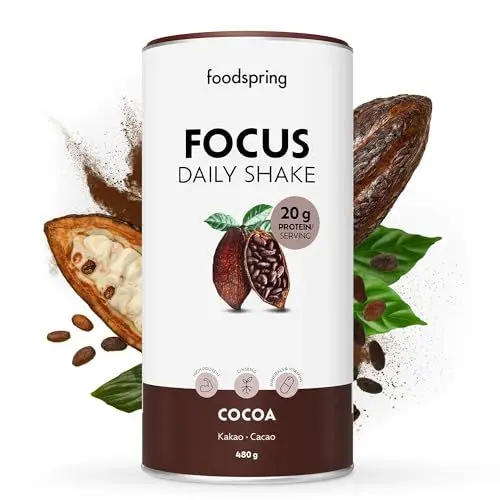 Produktbild: foodspring – Daily Shake Focus Whey Protein Pulver - Proteinshake für deinen täglichen Bedarf an Proteinen, Vitaminen & Mineralien – Eiweißpulver mit echtem Kakao & Ginseng (480g)