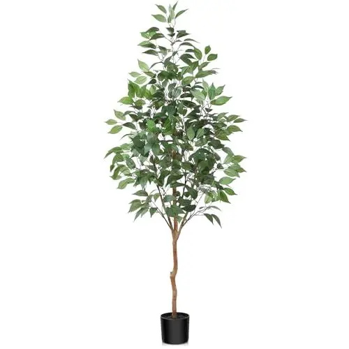 Produktbild: Fopamtri Kunstpflanze Groß 150 cm Ficus Benjamina Künstliche Pflanzen mit Naturholzstamm im Topf Plastik Pflanzen Künstlicher Baum für Home Decor Schlafzimmer Garten (1 Stück)