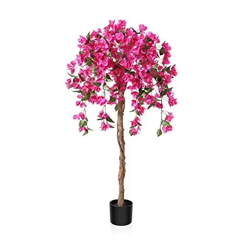 Produktbild: Fopamtri Kunstpflanze Kunstbaum mit Blüten 120 cm Künstliche Pflanzen im Topf Groß Rosa Fake Pflanzen für Indoor Outdoor Schlafzimmer Büro Garten Dekoration (1 Stück)