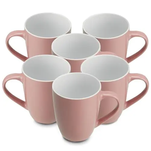 Produktbild: for friends 6 Stück Kaffeebecher 300ml aus hochwertigem Steinzeug, Kaffeetasse in rosa, Kaffeebecher mit Henkel, Spülmaschinen- & Mikrowellengeeignet