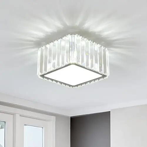 Produktbild: FORCOSO Kristall Deckenleuchte 4 Flammig, Kronleuchter Chrom mit Metall Quadratisch Rahmen Lampenschirm, Sockel G9 Deckenlampe, Moderne Ceiling Light Lampe für Schlafzimmer Wohnzimmer Flur Küche ø22cm