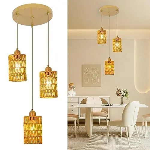 Produktbild: FORCOSO Pendelleuchte Esstisch - Hängeleuchte Rattan 3 Flammig, Boho Lampe Rattan Hängelampe, Hängend Deckenleuchte Esstischlampe E27 für Esszimmer Küche Schlafzimmer Wohnzimmer Flur