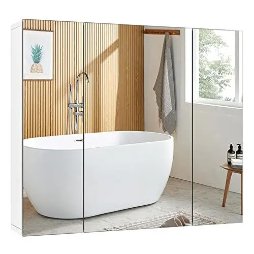 Produktbild: FOREHILL Spiegelschrank Bad mit 3 Türen Badezimmerschrank mit Spiegel Hängeschrank für Badezimmer aus Holz, 70x15x60cm weiß