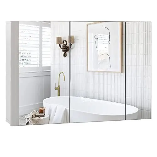 Produktbild: FOREHILL Spiegelschrank Bad 87,5cm breit Badezimmerschrank mit 3 Türen und verstellbaren Ablagen, Wandschrank mit Spiegel, für Badezimmer, weiß, 87,5x15,5x60cm