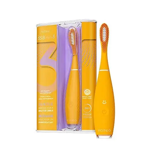 Produktbild: FOREO ISSA mini 3 Mango Tango, Elektrische 4-in-1-Schallzahnbürste, medizinisches Silikon und PBT-Polymerborsten, austauschbarer Bürstenkopf, 265 Anwendungen/USB-Ladung, 2 Jahre Garantie