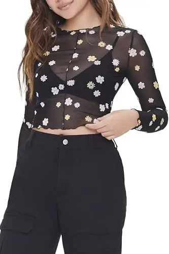 Produktbild: Forever 21 Damen-Oberteil aus durchsichtigem Netzstoff mit Blumendruck, Schwarz, Klein