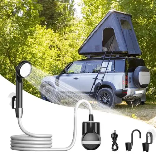 Produktbild: Forever Speed Campingdusche mit Pumpe, Camping Dusche Outdoor Set mit akku, 2200mAh Wiederaufladbar Pumpe 2m Duscheschlauch für Garten Reisen Autowäsche, Mobile Dusche