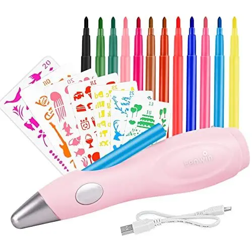 Produktbild: Forever Speed Elektrischer Farbsprühstift, airbrush set kinder mit 12 Filzstiften & 7 Schablonen, Airbrush Fun Farben sprühen für Kinder, Ungiftig Rosa