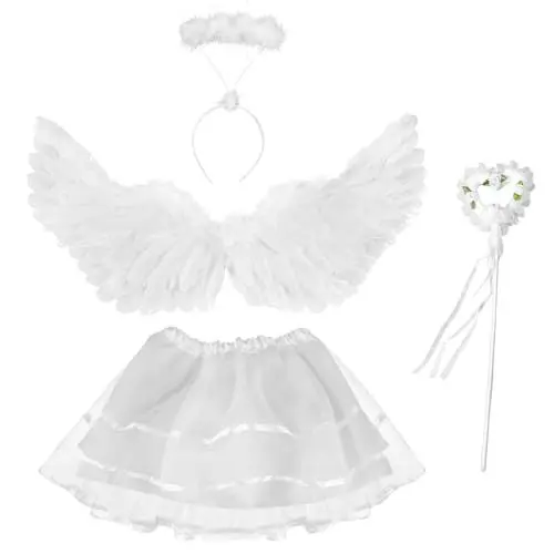 Produktbild: Foreverup Engel Kostüm Kinder, Engelsflügel Weiß, mit Heiligenschein und Zauberstab, 60CM Engels Flügel Kostüm für Cosplay Party Halloween Karneval Fasching Kostüme