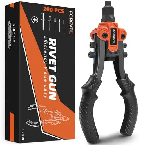 Produktbild: FOREVTL 10'' Nietenzange Set inkl 200 Nieten für Blindnietzange mit 6,4mm-2,4mm Blindnieten, 5 auswechselbaren Mundstücken, Profi Nietpistole, Nietzange Set für Automobil, Eisenbahn, Möbel, Instrument