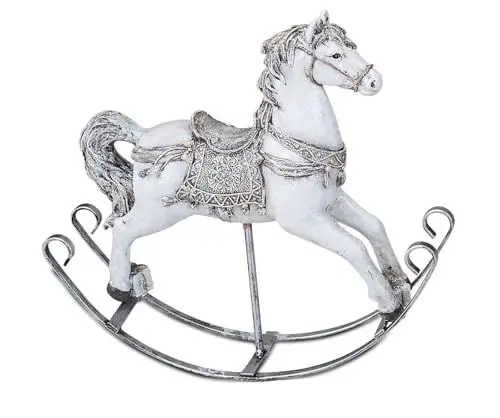 Produktbild: formano Schaukelpferd Weihnachtsdeko 21cm Kunststein Figur Handbemalte Dekofigur Weiß-Silber Winterliche Tischdeko Fensterbankdekoration
