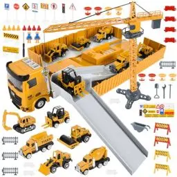Produktbild: FORMIZON Baustellenfahrzeuge Kinder, LKW Fahrzeug Spielzeug Set Transporter Spielzeug mit Musik & Lichter, 6 Mini Baustellenfahrzeuge, Kran Spielzeug Kinder (Gelb)