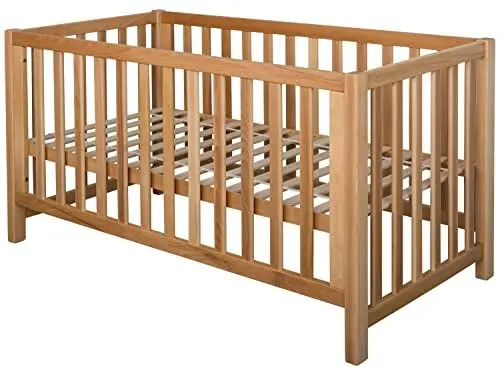 Produktbild: fornera f27 Massivholz Babybett 140 x 70 cm - Kleinkindbett für Jungen und Mädchen mit hochwertigen Rollrost - Höhenverstellbar mit Schlupfsprossen, Kinder Bett Bio geölt