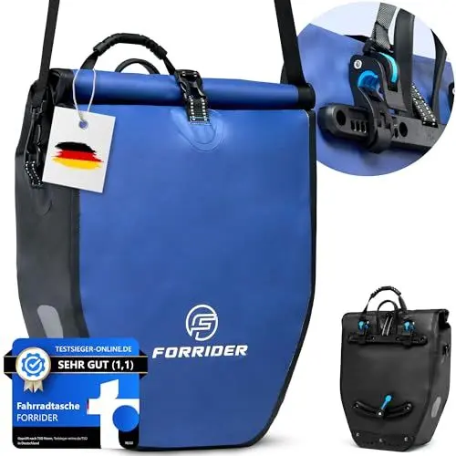 Produktbild: Forrider Fahrradtasche Wasserdicht für Gepäckträger (25L Volumen) mit Schultergurt | Gepäckträgertasche | E-Bike Fahrrad Tasche Packtasche hält an jedem Gepäckträger (Einzeltasche) (Blau)