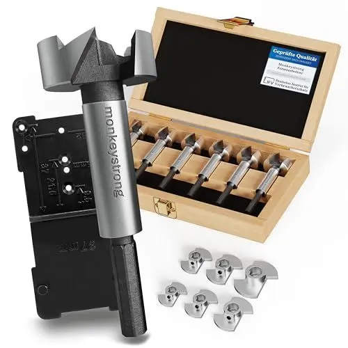Produktbild: Forstnerbohrer Set (mit Tiefenstopp & extra scharf) - 13 tlg. Holzbohrer in beliebtesten Größen von Ø 15-40 mm und extra Bohrschablone für 35 mm Topfscharniere | Lochbohrer Holz - monkeystrong