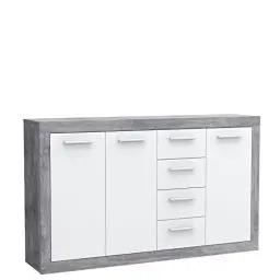 Produktbild: FORTE Baccio Kommode mit 3 Türen und 4 Schubladen, Holzwerkstoff, Betonoptik Lichtgrau / Weiß, 152.60 x 34 x 91.50 cm