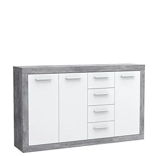Produktbild: FORTE Baccio Kommode mit 3 Türen und 4 Schubladen, Holzwerkstoff, Betonoptik Lichtgrau / Weiß, 152.60 x 34 x 91.50 cm