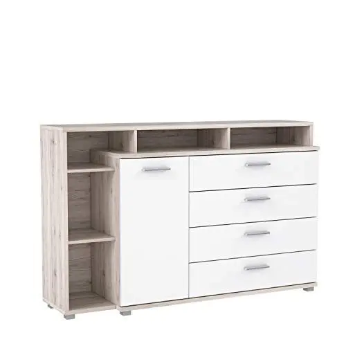 Produktbild: FORTE Beach Kommode mit 1 Tür, 4 Schubladen und offenen Fächern, Holzwerkstoff, Sandeiche/Weiß, 153,1 x 99,8 x 41,3 cm