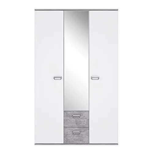 Produktbild: FORTE EMILY Schrank 110 120, Kleiderschrank mit Spiegel Kinderzimmerschrank mit 3-türig 2 Schubladen Einlegeböden Kleiderstange, Weiß / Betonoptik Grau, 115 cm breit x 188 cm hoch x 53 cm tief