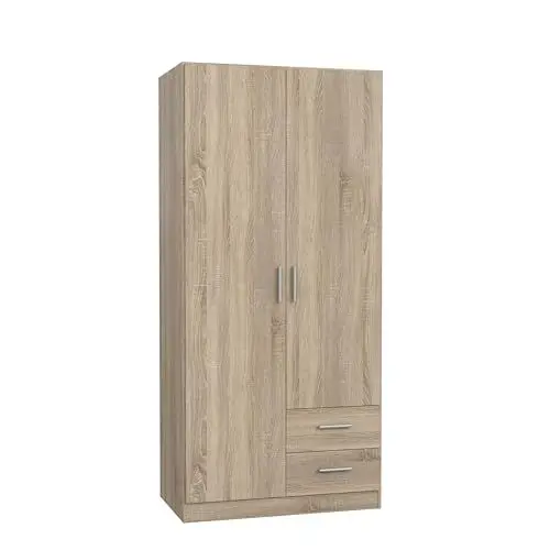 Produktbild: FORTE JOAKIM Schrank 90 200, Kleiderschrank klein, modernes Design Drehtürenschrank mit 2 Schubladen, Einlegeböden und Kleiderstange, Sonoma Eiche, 91 cm breit x 197 cm hoch x 54 cm tief