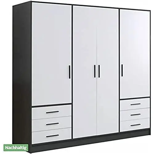 Produktbild: FORTE Jupiter Schrank 200 210, Kleiderschrank, Drehtürenschrank, 4-türig, mit 6 Schubladen und Einlegeböden, Schwarz Weiß, 206.5 cm breit x 60 cm tief x 200 cm hoch