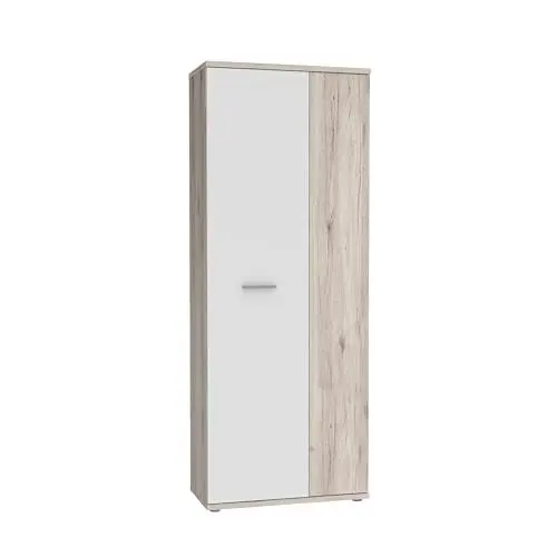 Produktbild: FORTE NET106 Schrank 70 180, Mehrzweckschrank klein, Staubsaugerschrank, Abstellraum, Drehtürenschrank, 2-türig mit Einlegeböden, Weiß mit Holzdekor: Sandeiche, 69 cm breit x 179 cm hoch x 35 cm tief