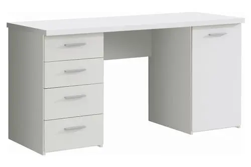 Produktbild: FORTE Net106 Schreibtisch mit 4 Schubladen und 1 Tür, Holzwerkstoff, Weiß matt, 145 x 60 x 76.3 cm