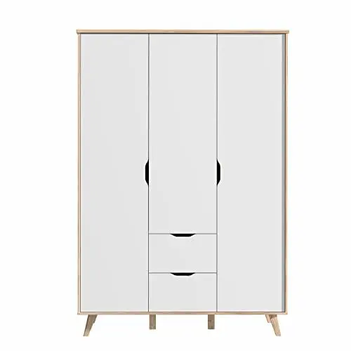 Produktbild: FORTE VANKKA Schrank 140 200, Kleiderschrank 2 Schubladen, Schlafzimmerschrank Jugendzimmerschrank, Kinderzimmer Skandinavisch 3-türig Weiß / Planked Eiche, 139 cm breit x 201.5 cm hoch x 53 cm tief