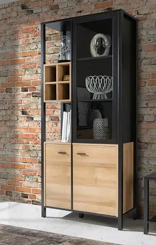 Produktbild: Forte HIGH Rock Vitrine 90, Vitrine mit 2 Türen und 1 Glastür, Standvitrine, Industrial Stil Vitrine, Holzwerkstoff, Riviera Eiche Holzdekor/Schwarz, 86,3 cm breit x 193,9 cm hoch x 40,2 cm tief
