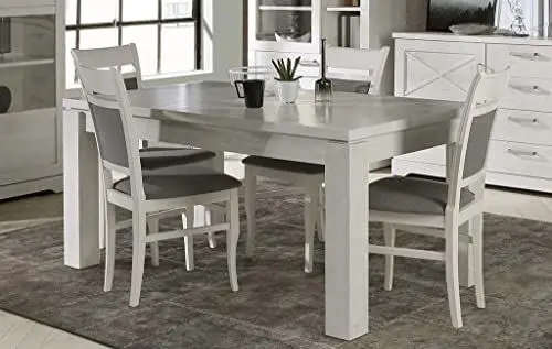 Produktbild: Forte ROCKHAMPTON Esstisch 160, moderner Esstisch ausziehbar, Esszimmer, Wohnzimmer, Landhausstil, Holzwerkstoff, Pinie Weiß Holzdekor, 160,4 cm breit x 76,1 cm hoch x 90,4 cm tief