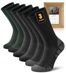 Produktbild: FORVEVO 60% Merino Wandersocken Herren 43-46, 3 Paar Wollsocken Herren Gepolstert, Thermo Wintersocken,Atmungsaktiv Sportsocken für Sport Trekking Outdoor, Schwarz/Grau/Grün
