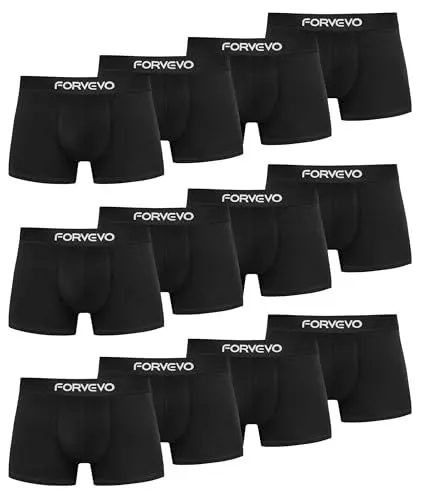 Produktbild: FORVEVO Unterhosen Männer Boxershorts Herren Baumwolle 12er Pack Unterwäsche Retroshorts - Atmungsaktive, Gummibund (12x Schwarz, XL)