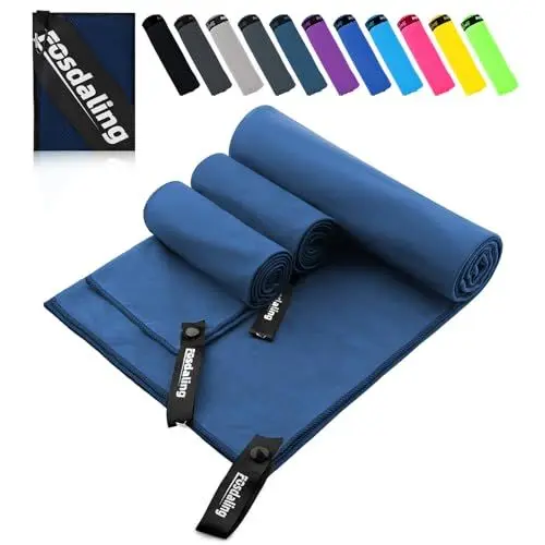 Produktbild: Fosdaling Mikrofaser Handtuch 3er Set（Groß 160×80cm und 2 Klein 80×40cm）, Schnelltrocknend Microfaser Fitness & Sport Handtücher, für Strandtuch, Badetuch, Sporthandtuch und Reisehandtuch (Marineblau)