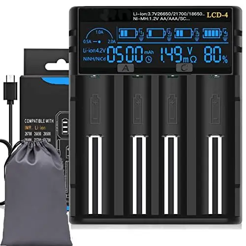 Produktbild: Fosmoon LCD4 18650 Akku Ladegerät Universal,Mit Kapazitätsanzeige Akku Ladegerät 18650,Geeignet für 3,7 V 1,2 V Lithium Ionen Akkus 26650 21700 14500 NI-MH NI-Cd AA AAA