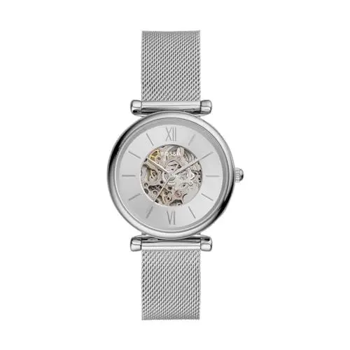 Produktbild: Fossil Damenuhr Carlie Mini Automatic, Automatikwerk, 28mm Silbernes Edelstahlgehäuse mit EdelstahlMeshArmband, ME3189