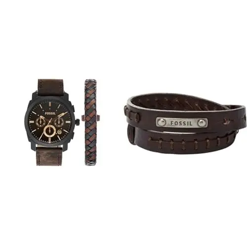 Produktbild: Fossil Machine Uhr für Herren, Chronographenwerk mit Edelstahl- oder Lederarmband, Dunkelbraun, 42MM & Herrenarmband Doppelwickel in braun, JF87354040