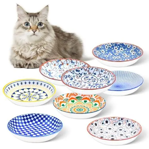 Produktbild: FOSTBEEN Katzen-Futternapf, Keramik-Katzennäpfe, 8 Stück, Bunte Katzennäpfe, Flacher Katzen-Futternapf, Whisker Fatigue-Katzennapf, Kätzchen-Futternapf, Katzennäpfe für Futter und Wasser