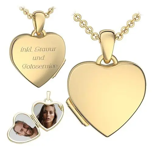 Produktbild: Foto Medaillon Herz Gold hochwertig vergoldet Herzkette Herz Anhänger zum Öffnen mit Kette Herzmedaillon Amulett Fotos Bild Bilder Medailon Medallion Kettenanhänger aufklappbar Schmuckgravur