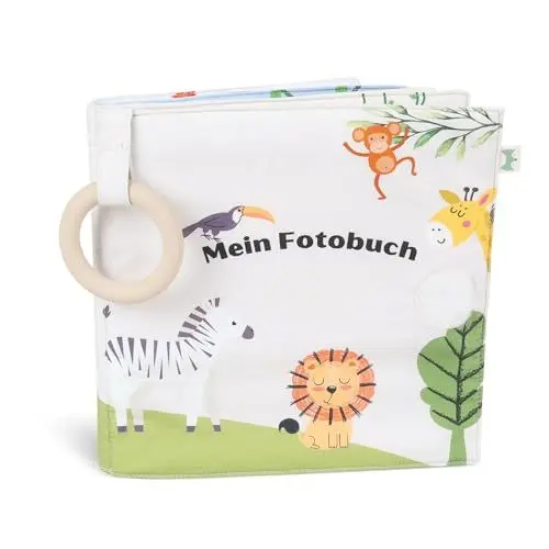Produktbild: Petinard Label Fotoalbum Baby Fotobuch aus Bio-Baumwolle I mit Beißring und Anhänger als Erinnerungsbuch I Kinder Baby ab 0 Monaten I Geschenke zur Geburt und zur Eingewöhnung für Jungen & Mädchen