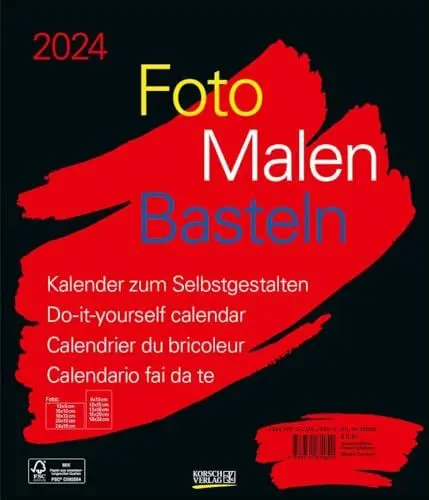 Produktbild: Foto-Malen-Basteln Bastelkalender schwarz groß 2024: Fotokalender zum Selbstgestalten. Do-it-yourself Kalender mit festem Fotokarton. Format: 30 x 35 cm