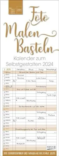Produktbild: Foto-Malen-Basteln Familientimer gold 2024: Familienplaner mit 4 Spalten als Fotokalender zum Selbstgestalten. Familienkalender mit Ferienterminen und festem Bastelpapier.