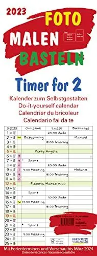 Produktbild: Foto-Malen-Basteln Timer for 2 2023: Familienplaner mit 3 Spalten als Fotokalender zum Selbstgestalten. Familienkalender mit Ferienterminen und festem Bastelpapier.